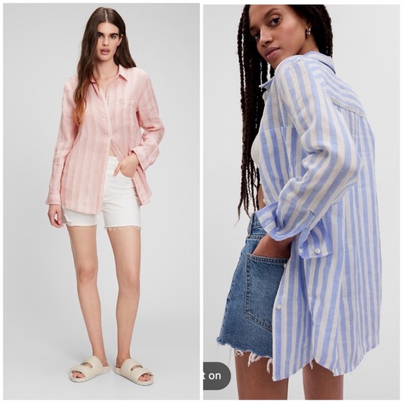 NWT Gap 100% Linen Boyfriend Shirt XL Tall Button Down Pinstripe Oversized - Picture 2 of 13